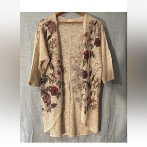 Live In The Moment Open Cardigan Sweater 3/4 Sleeve Beige Floral Women’s Sz L